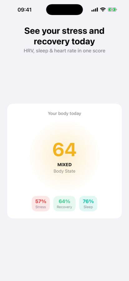 Stressi showing a Stressi Score of 64, marked as mixed, with stress, recovery and sleep percentages