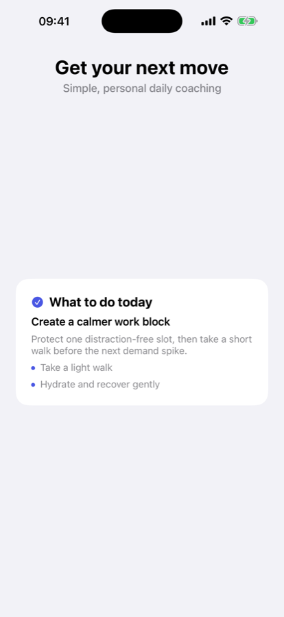 Stressi's Today Plan suggesting a calmer work block, a light walk and gentle recovery